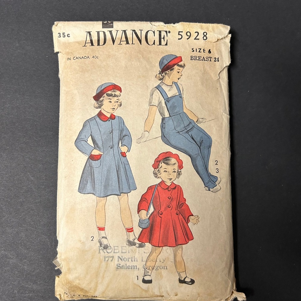 Vintage 1950's Advance Sewing Pattern 5928 Girls Size‎ 6 Coat Slacks Hat